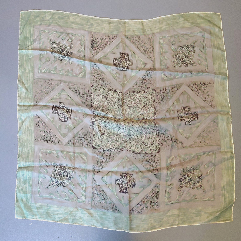 Vtg Scarf Gray Green 100% Silk Square Rolled Hem Mid Century Modern 30"X30" MOD